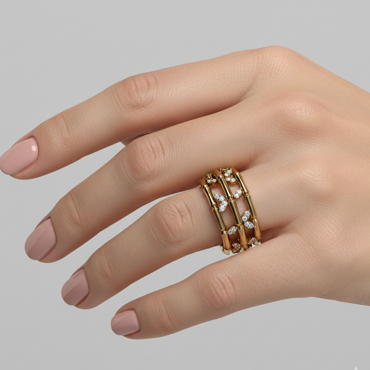 18k-yellow-gold-triple-layer-bamboo-ring-with-leafy-marquise-diamond-s-r377sc-Siran-by-iram-jewelry