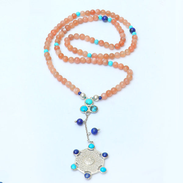 99 Beads Sunstone, Silver & Turquoise Rosary - RHCS069