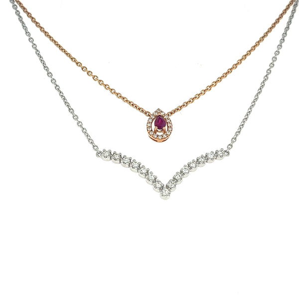 Double Layered Diamond and Ruby Necklace in 18K Gold - TK10786B