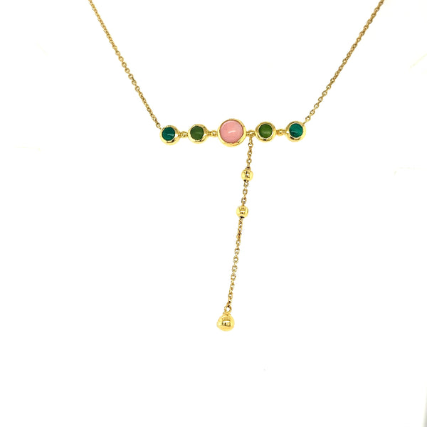 Dangling Pink Opal and Malachite Stones Necklace in 18K Yellow Gold - S-P406S