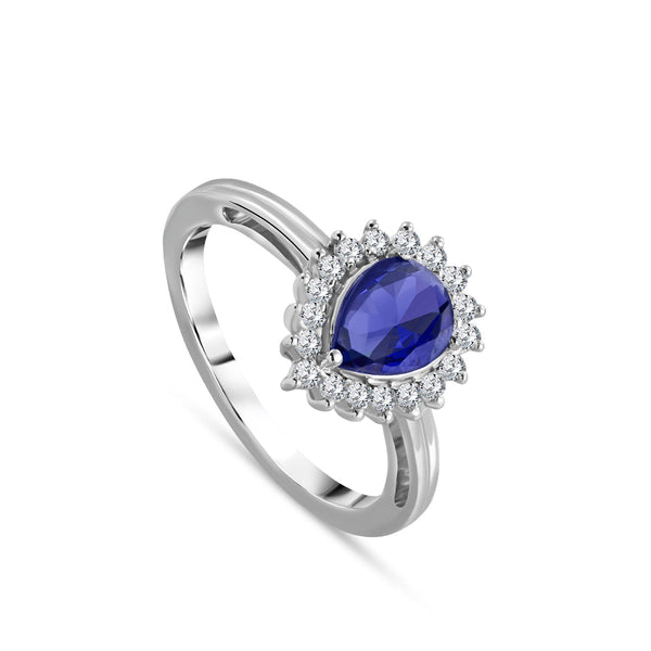 Classic Diamond Ring Pear and 1 sapphire stone shape in 18k White Gold / S-R278S