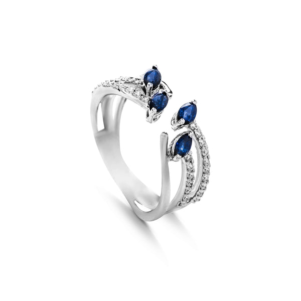 Opened Diamond Ring with sapphire stones in 18k White Gold - S-R89