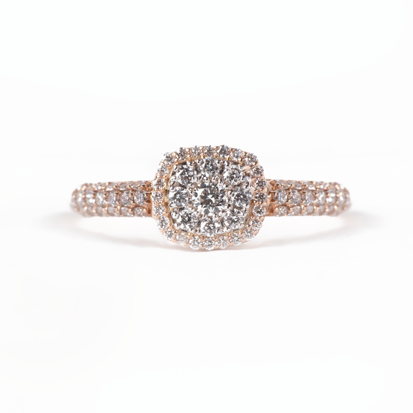 Half diamond ring with a square rounded with diamonds in 18k Rose Gold - S-R109