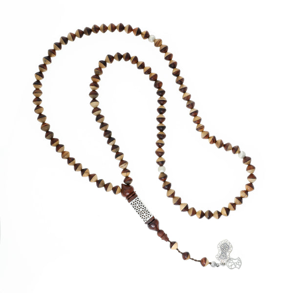 Rosary of 100 round beads with a bezel made of olive wood and red ebony