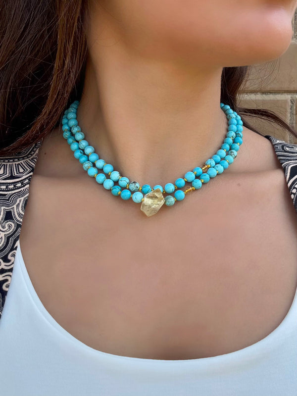 سبحة 99 حباية من احجار الهوالايت الفيروزي مع مزيج 3 حبات و الروسيترين الطبيعى