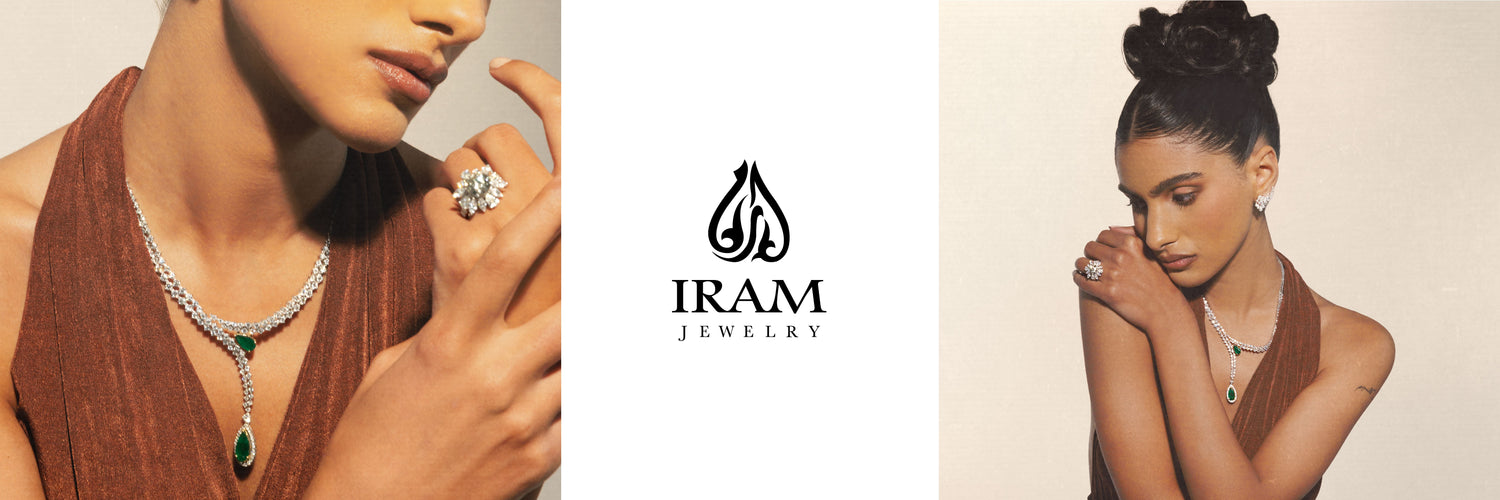 Woman wearing jewelry with IRAM Jewellery logo displayed