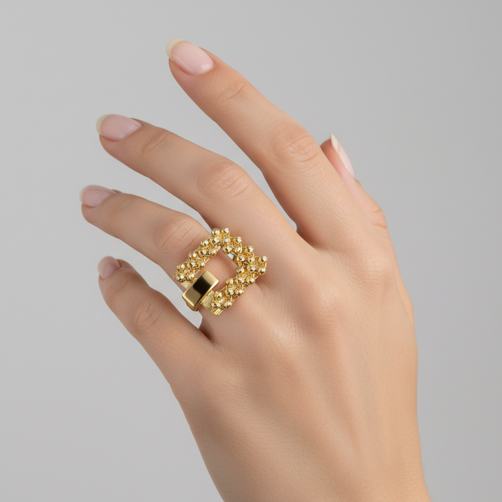 18K Yellow Gold Beaded Square Ring - K-H049RG/B -KLEO-by-TJH-Made-in-Egypt-SIRAN-by-IRAM-jewelry
