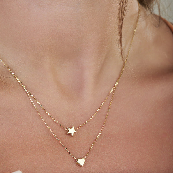 18K Double Layered Star and Heart Gold Necklace - K-P180G