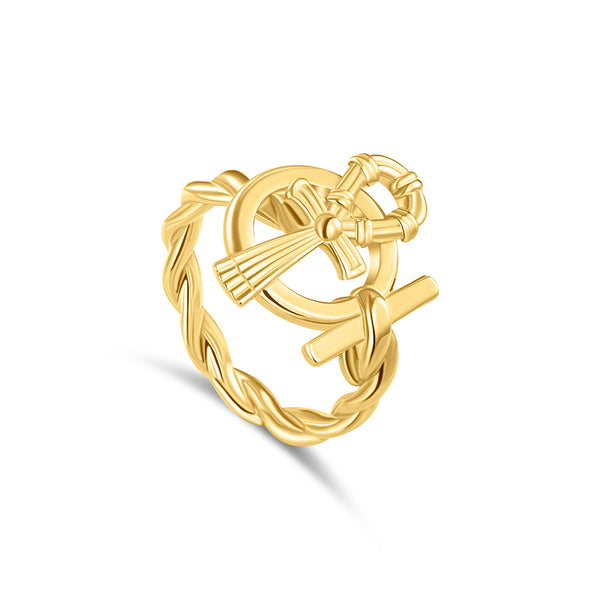 18K Gold Ankh Key of Life Ring - T-Bar Knot & Twisted Band - K-R159G-B