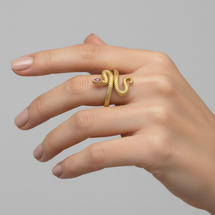 18K Yellow Gold Serpent Ring with Ruby Stone - K-R238GT/C -KLEO-by-TJH-Made-in-Egypt-SIRAN-by-IRAM-jewelry