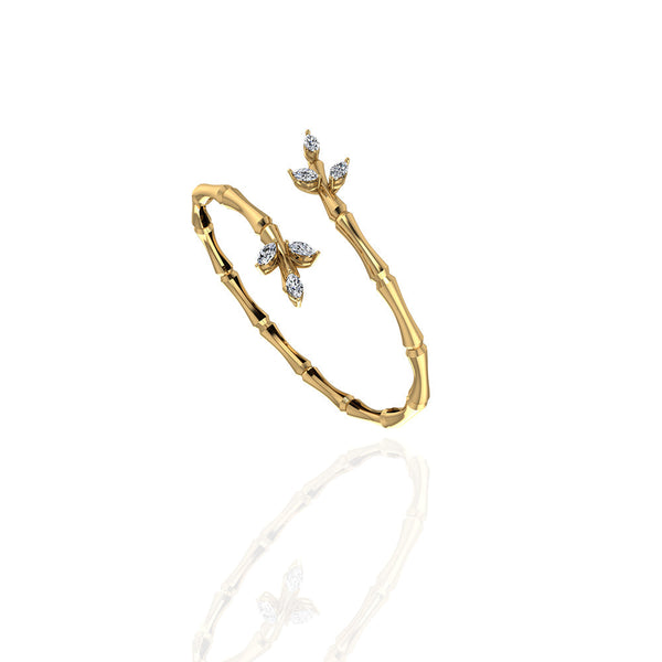 18k Yellow Gold Diamond Lucky Curled Bangle with Marquise Leaf Shape - S-B319S