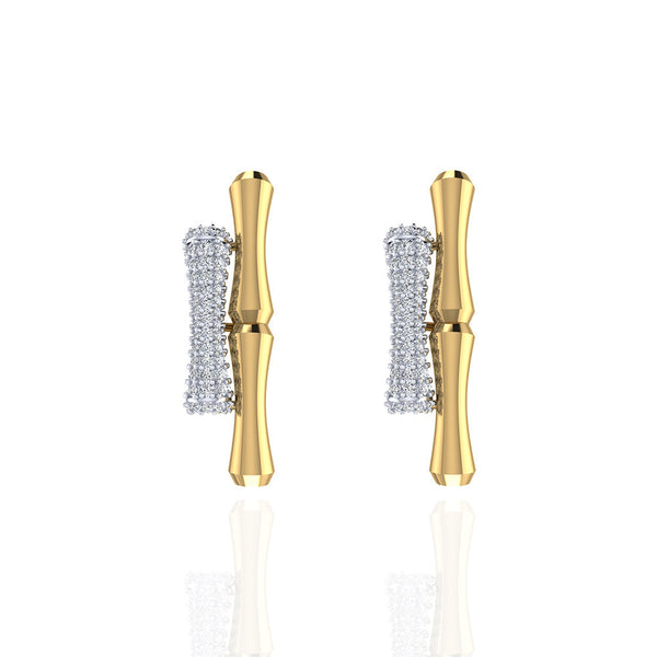 18K Yellow Gold Double Bamboo Stalk Earrings, Encrusted in Diamonds - S-E278S