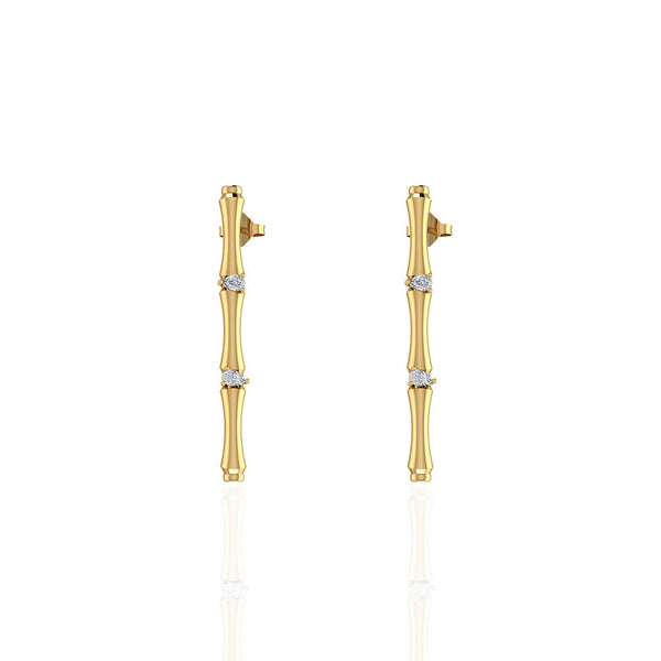 18k Yellow Gold Single Bamboo Stalk Earrings with Marquise Diamonds - S-E279S