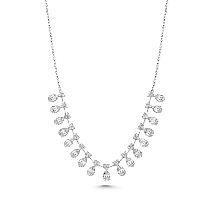 An 18K white gold diamond necklace with multiple teardrop shaped diamond Stations
