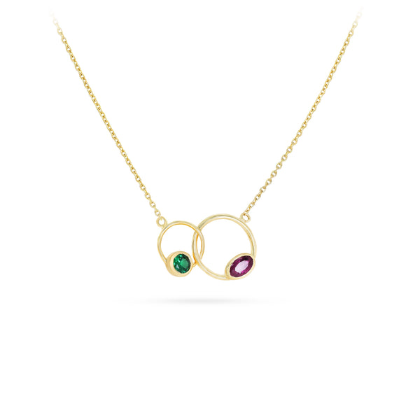 Interlacing Gold Rings Necklace with Emerald & Ruby - S-P459SON