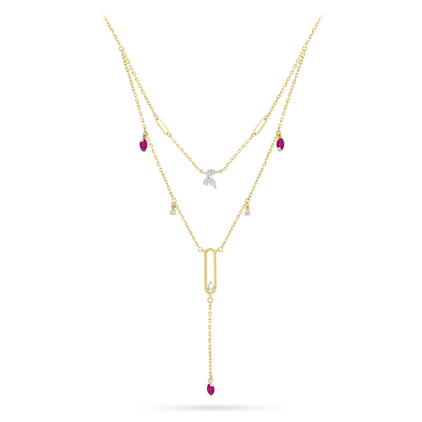 Clip Diamond Double Layered Magnificent Necklace with Ruby Stones - S-P461SON