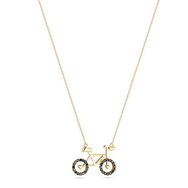 A yellow gold necklace with a bicycle shaped pendant adorned with colored stones