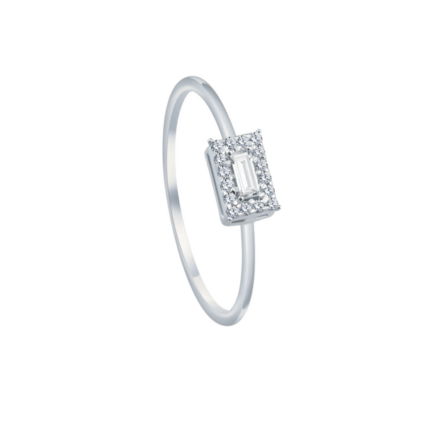 Center Baguette with diamond frame promise Ring in White 18 K Gold - S-R189SON