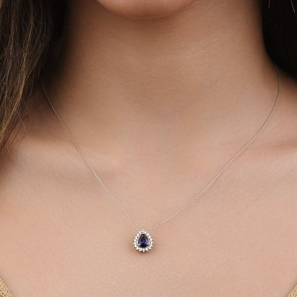 Diamond and Sapphire Oval Shaped Necklace in 18k White gold - S-R278SP