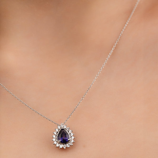 Diamond and Sapphire Oval Shaped Necklace in 18k White gold - S-R278SP