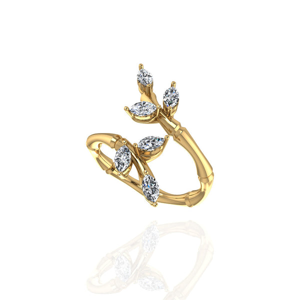 18k Yellow Gold Diamond Lucky Curled Ring with Marquise Leaf Shape, Long - S-R320SB