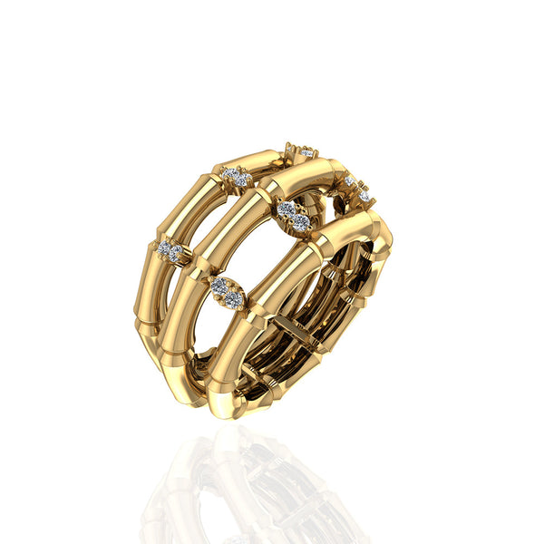 18k Yellow Gold Triple Layer Bamboo Ring with Leafy Marquise Diamond - S-R377SB