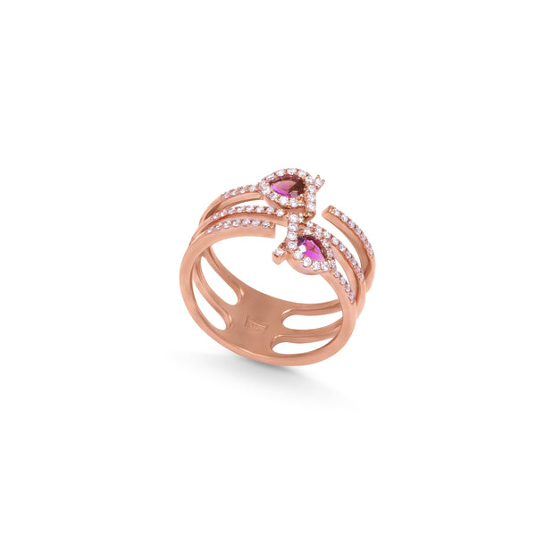 Pink amethyst Hearts 3 layered Diamond Ring in Rose 18K Gold -R33781