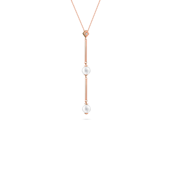 Pearls and Gold rods Dangling with diamond setting necklace in 18K Rose Gold - s-x29p