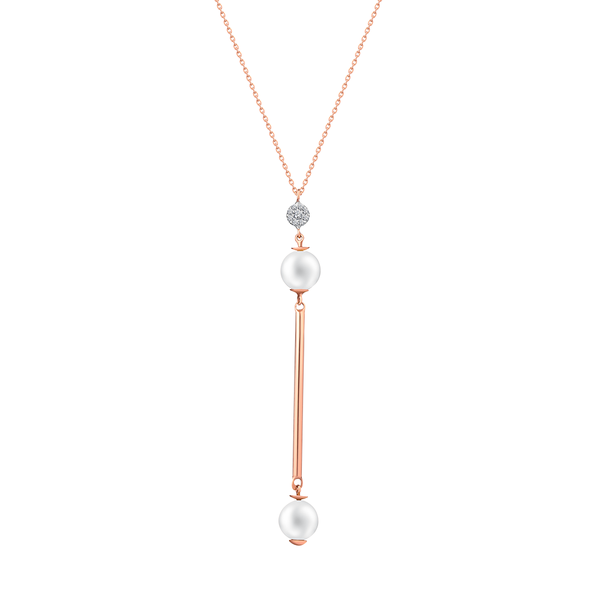 2 pearls dangling with gold rod and diamond setting necklace in 18K Rose Gold - S-X28P