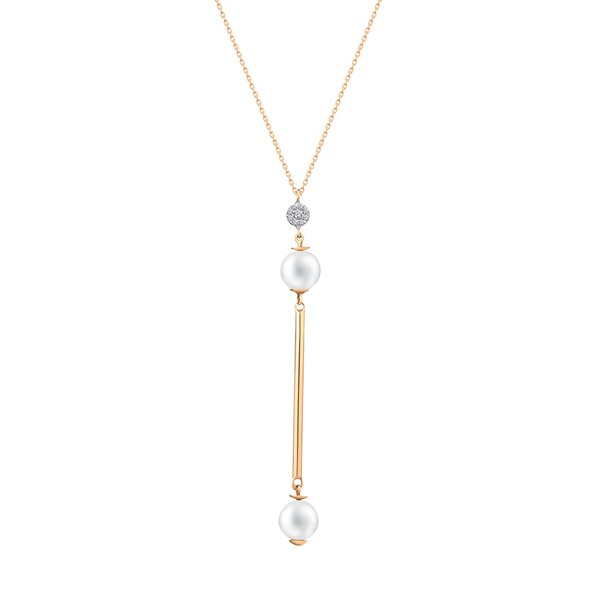 2 pearls dangling with gold rod and diamond setting necklace in 18K Yellow Gold - S-X28P