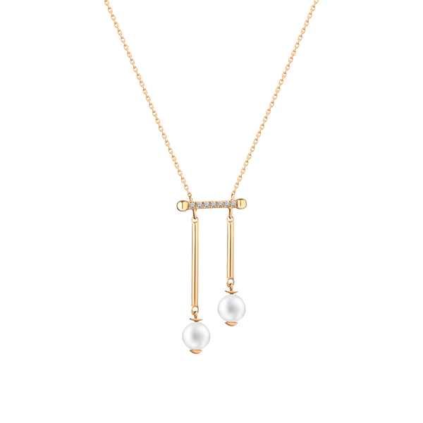 2 Pearls with gold rods dangling from a diamond bar necklace in 18K Yellow Gold - s-x30p