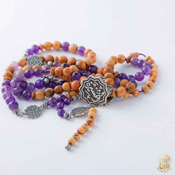 99  Olive wood with Amethyst Stone and Sliver Rosary - RHWS018