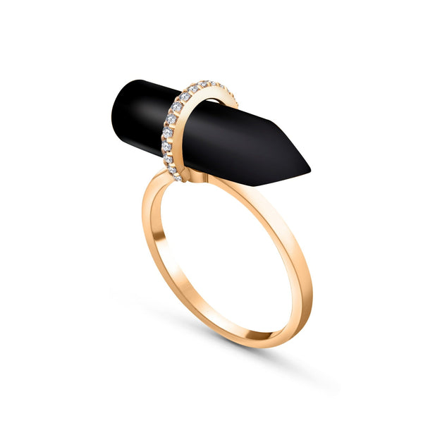 Onyx Stone centered within a diamond circle ring in 18K Yellow GOLD - s-r229s