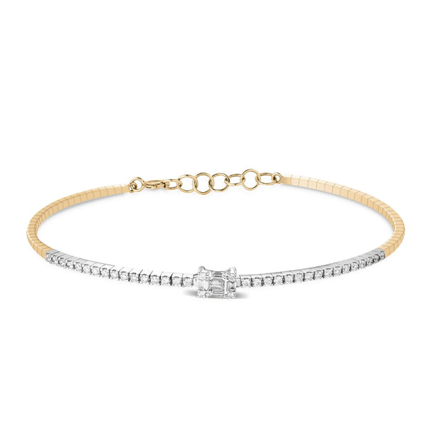 Rose and White Half Tennis with Central Baguette Cut Diamond Bangle in 18K Rose Gold - MR-0176-1B