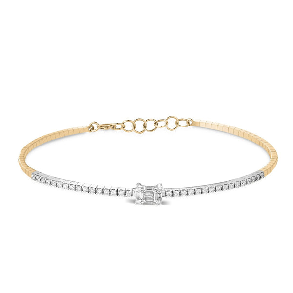 Rose and White Half Tennis with Central Baguette Cut Diamond Bangle in 18K Rose Gold / MR-0176-1B