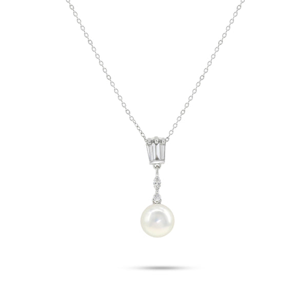 Shinny Dangling Pearl Diamond Necklace in 18K White Gold - B-LINK145P