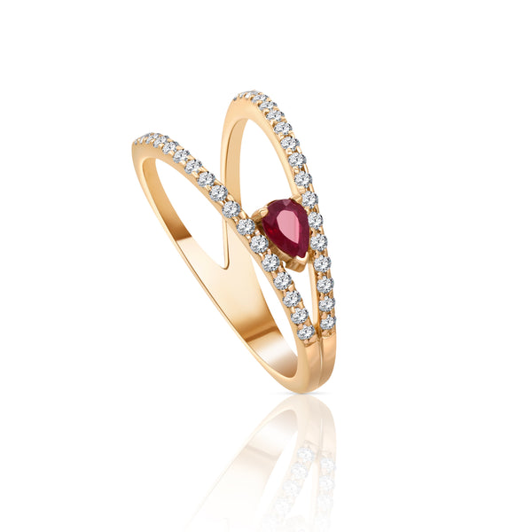 Interlacing ruby magnificent ring with 2 layers of diamonds in Rose 18K Gold - S-X32P