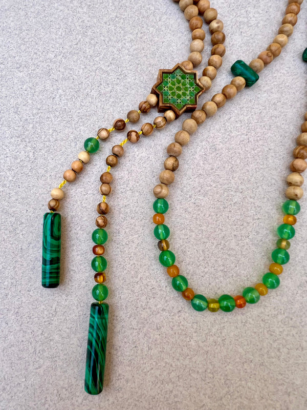 Olive rosary with green jade and yellow agate stones