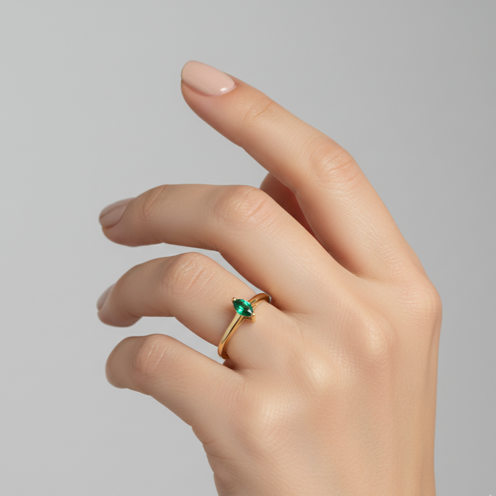 18K Yellow Gold Minimal Ring with Marquise Cut Emerald Stone - K-R490S/B -KLEO-by-TJH-Made-in-Egypt-SIRAN-by-IRAM-jewelry