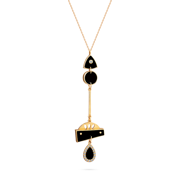 Dangling Onyx and Diamonds Geometrical with onyx diamond frame necklace in 18K Yellow Gold - s-p341s