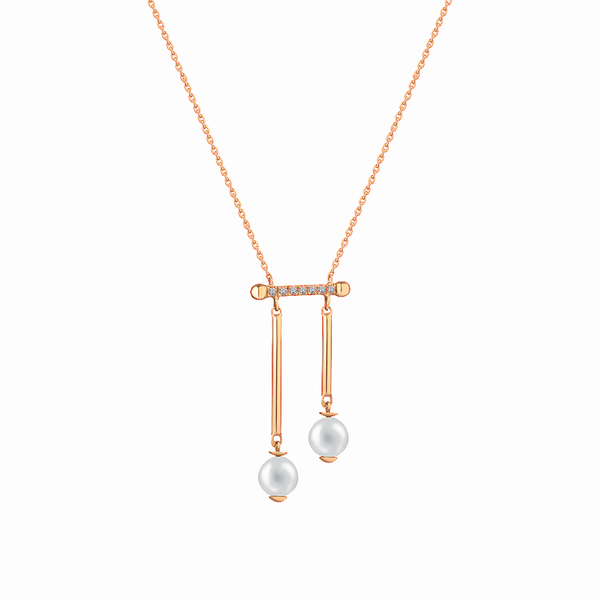 2 Pearls with gold rods dangling from a diamond bar necklace in 18K Rose Gold - S-X30P