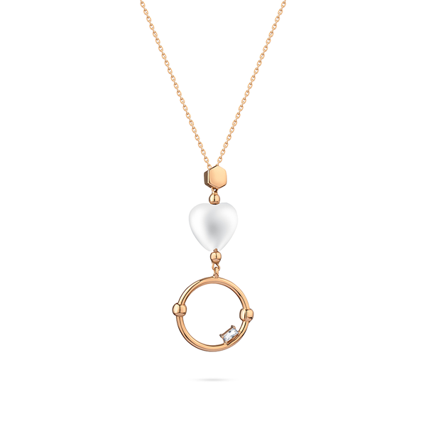 Mother of pearl heart shaped with dangling gold circle & baguette stone in 18K Yellow Gold - s-x34p