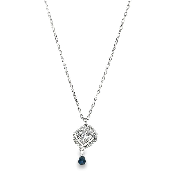 Precious Square Baguette Diamond Necklace with dangling Sapphire stone in 18K White gold  - B-LINK237PO